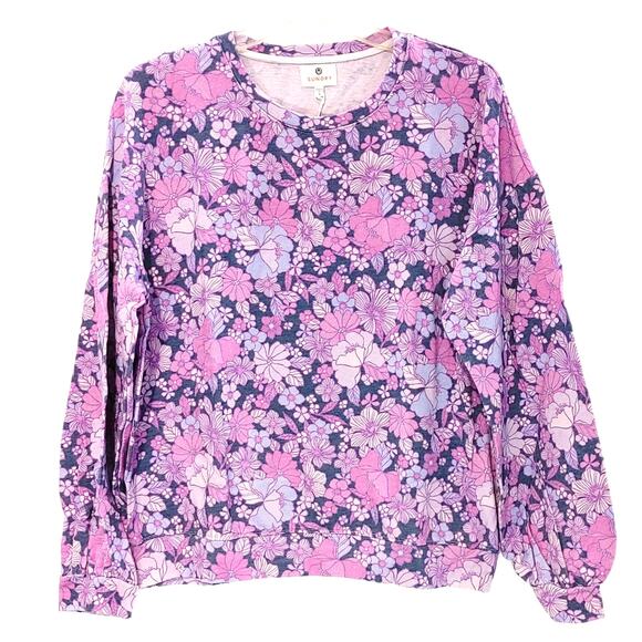 Sundry Mod Floral Sweatshirt Crew Neck Bright Orchid Purple Womens Size 2 NWT - Picture 1 of 9